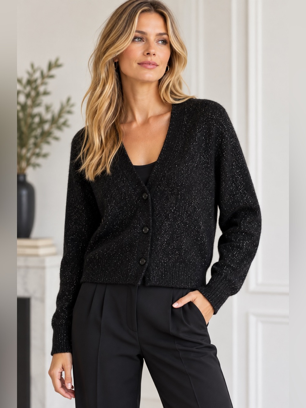 ANINE BING Mason Black Metallic Sparkle Mohair Cardigan Sweater L Parisian Date